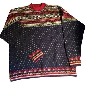 Lands' End Navy Red and Yellow Patterned Crewneck Sweater